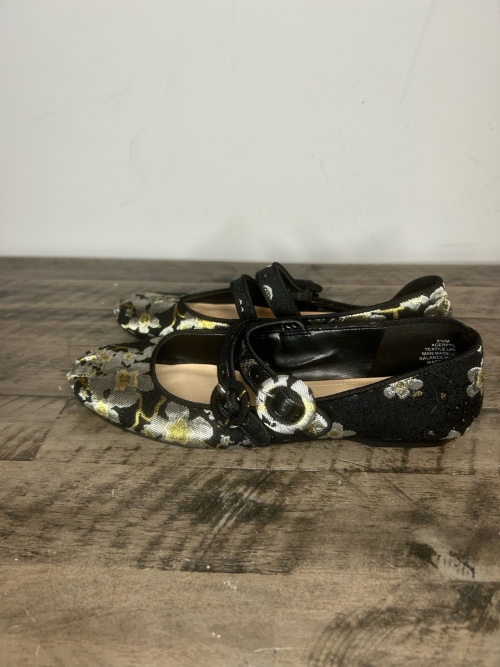 Nine West Metallic Double Strap Floral Mary Jane’s